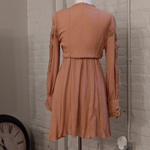 NEW Free People FP One Paige raw frayed hem mini dress Sable Sand Peach lace S - Picture 8 of 16